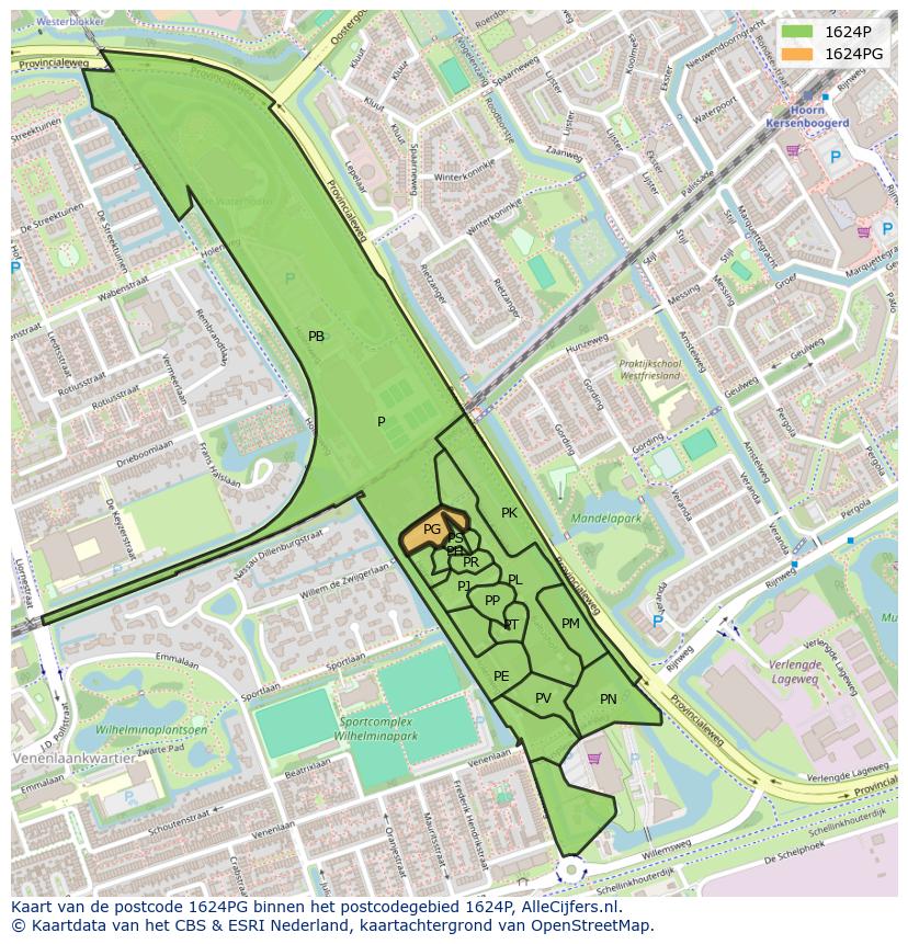 Afbeelding van het postcodegebied 1624 PG op de kaart.