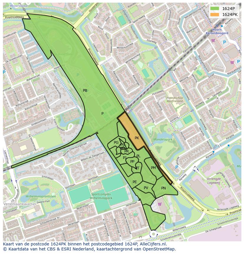 Afbeelding van het postcodegebied 1624 PK op de kaart.