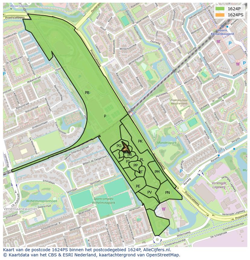 Afbeelding van het postcodegebied 1624 PS op de kaart.