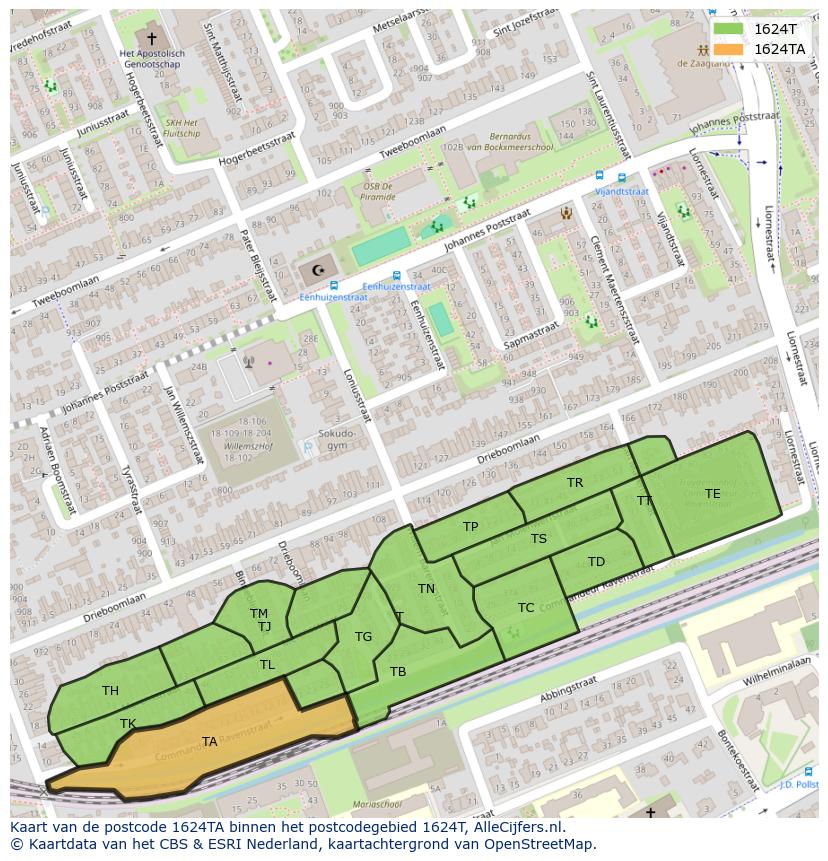 Afbeelding van het postcodegebied 1624 TA op de kaart.