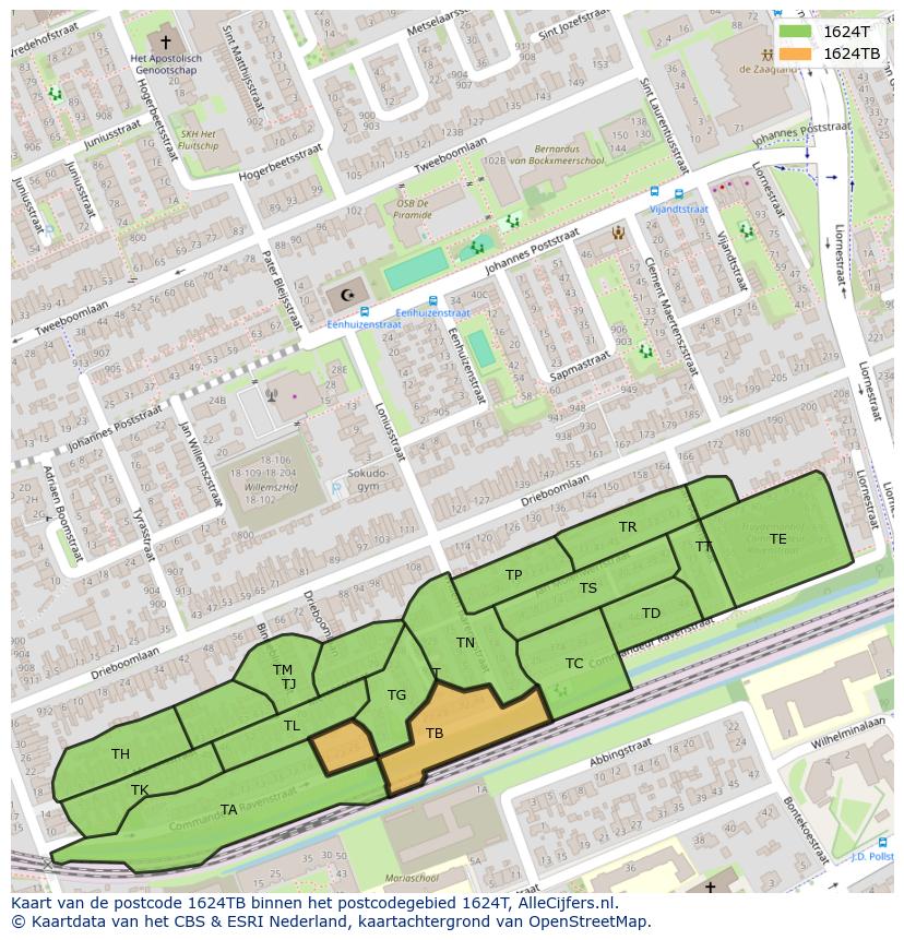 Afbeelding van het postcodegebied 1624 TB op de kaart.
