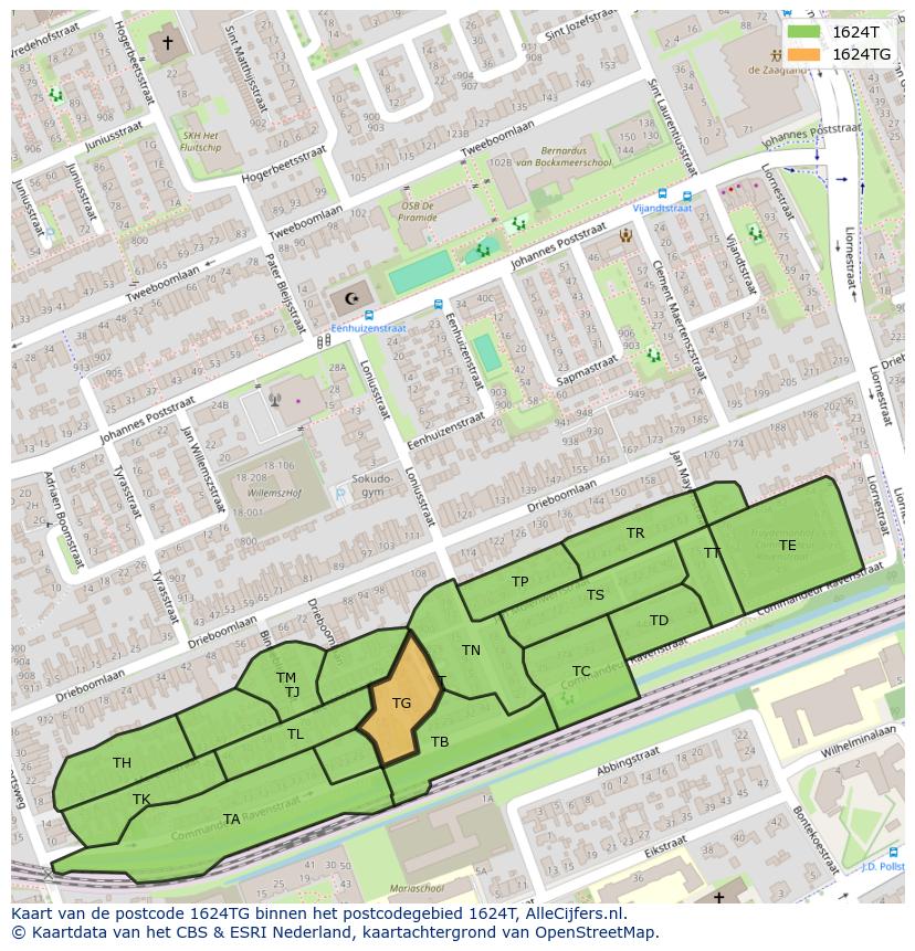 Afbeelding van het postcodegebied 1624 TG op de kaart.
