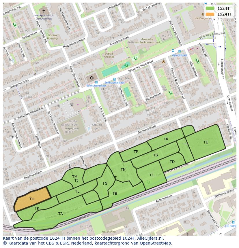 Afbeelding van het postcodegebied 1624 TH op de kaart.