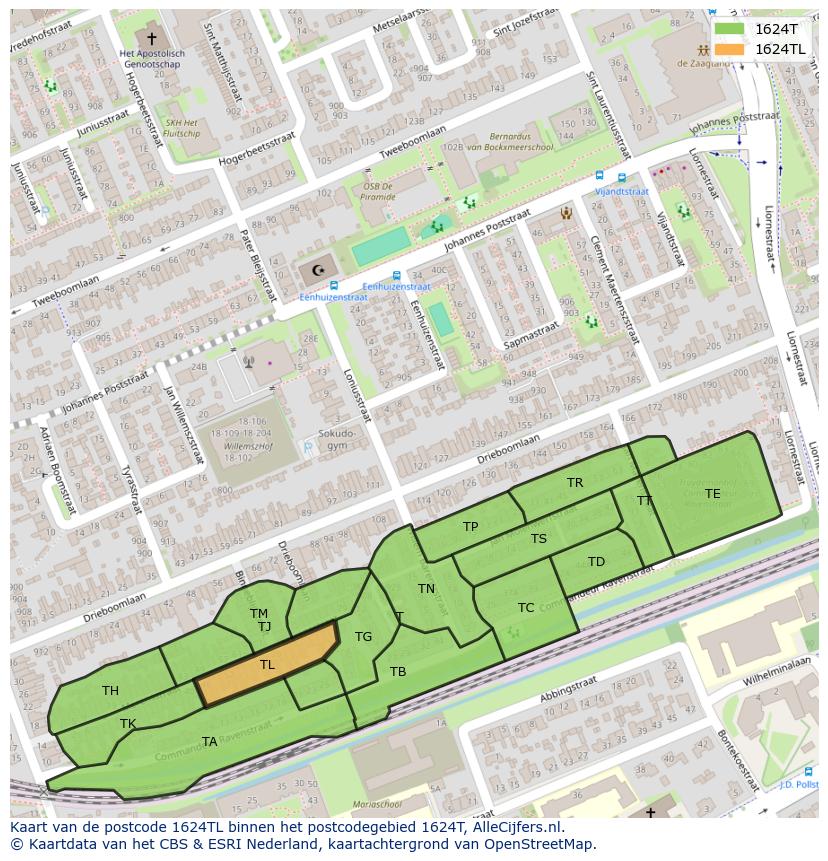 Afbeelding van het postcodegebied 1624 TL op de kaart.