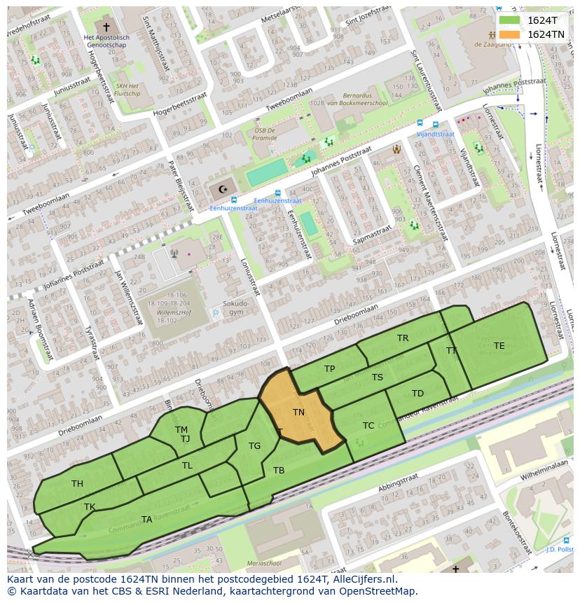 Afbeelding van het postcodegebied 1624 TN op de kaart.