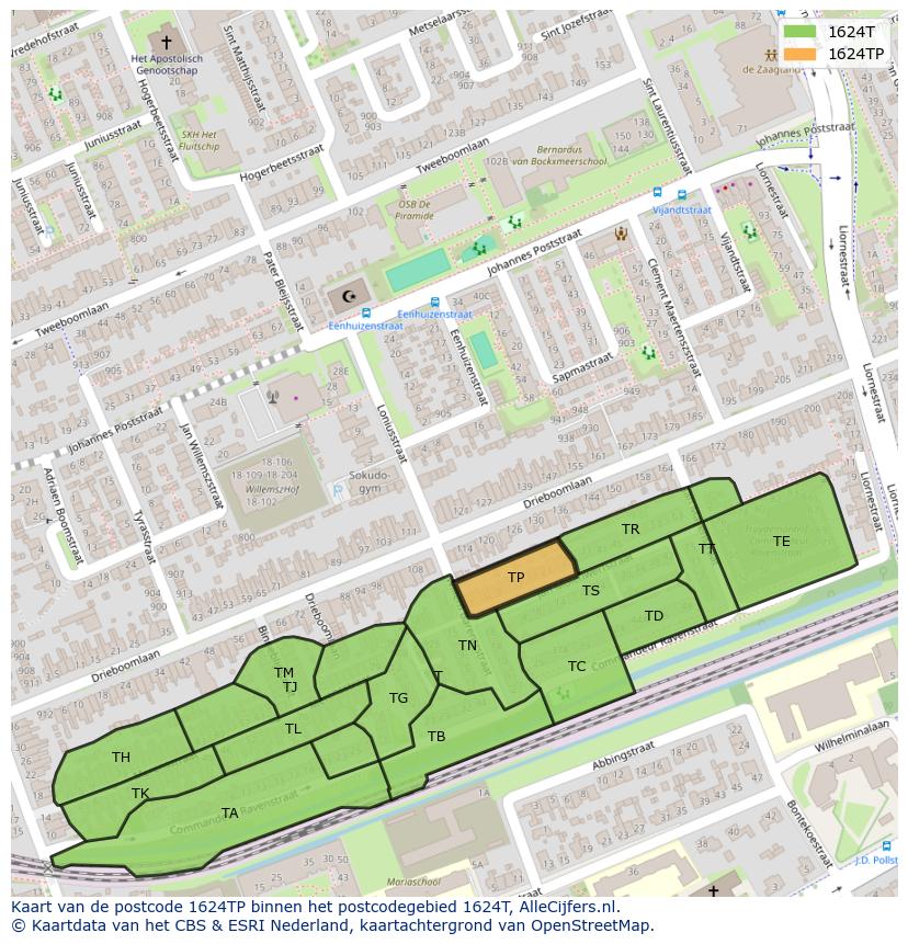 Afbeelding van het postcodegebied 1624 TP op de kaart.