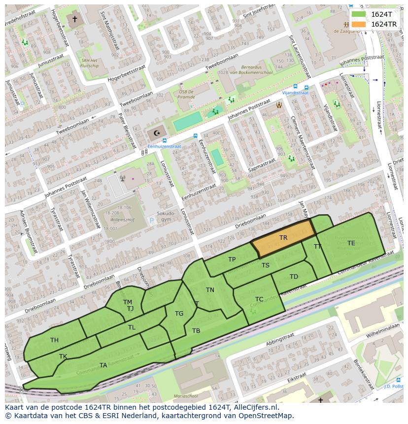 Afbeelding van het postcodegebied 1624 TR op de kaart.