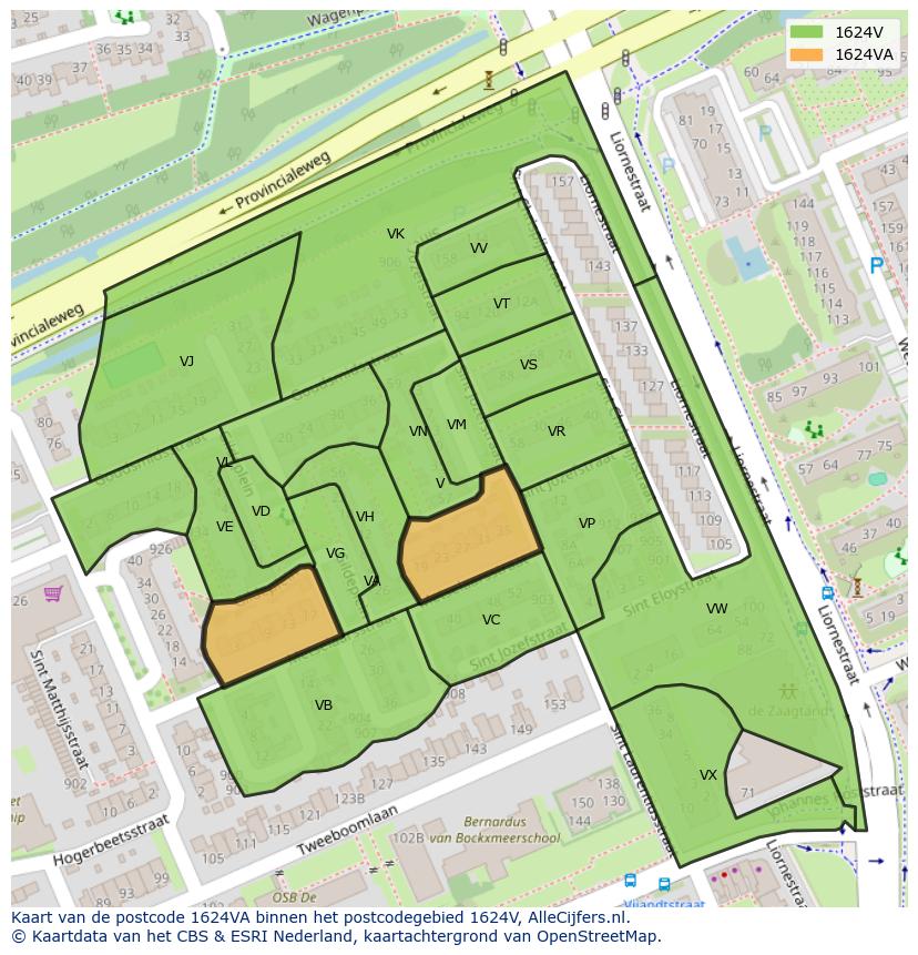 Afbeelding van het postcodegebied 1624 VA op de kaart.