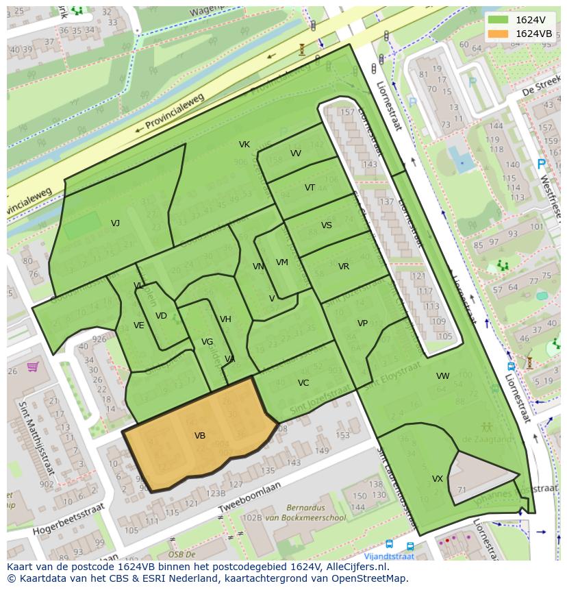 Afbeelding van het postcodegebied 1624 VB op de kaart.