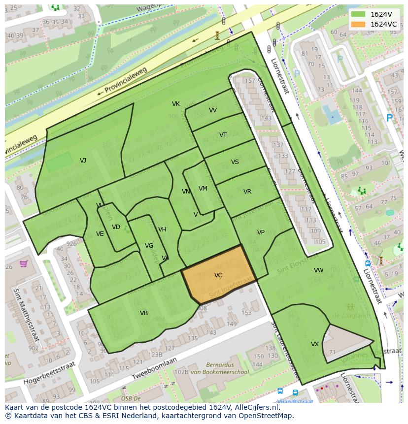 Afbeelding van het postcodegebied 1624 VC op de kaart.
