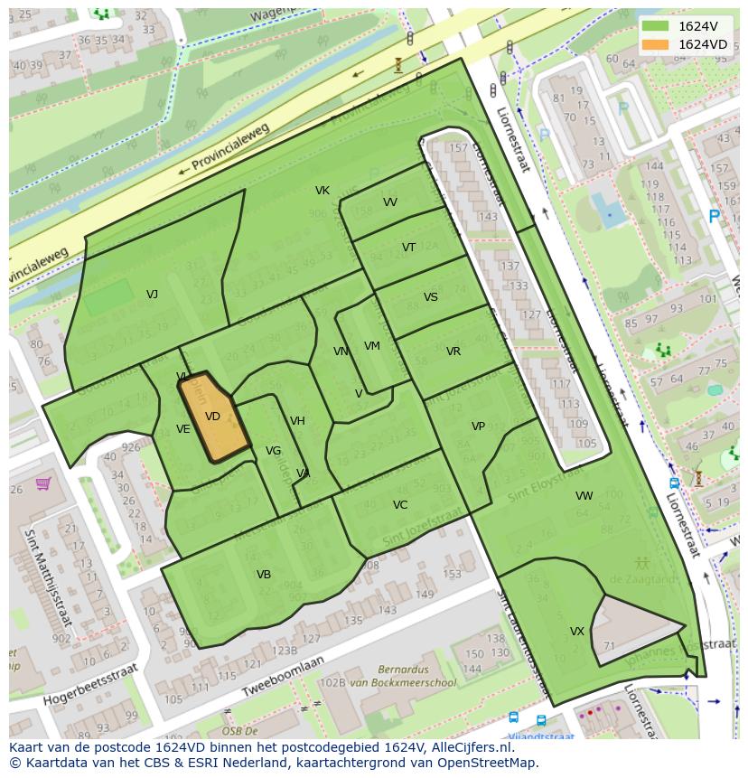 Afbeelding van het postcodegebied 1624 VD op de kaart.