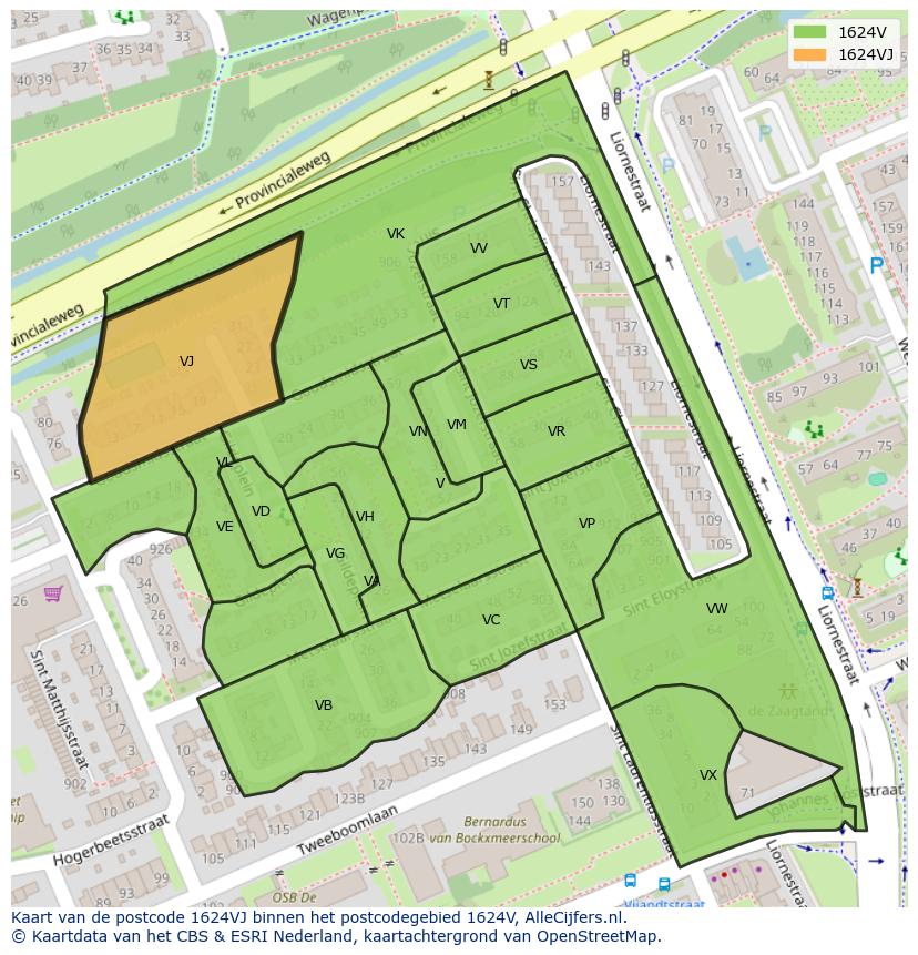 Afbeelding van het postcodegebied 1624 VJ op de kaart.