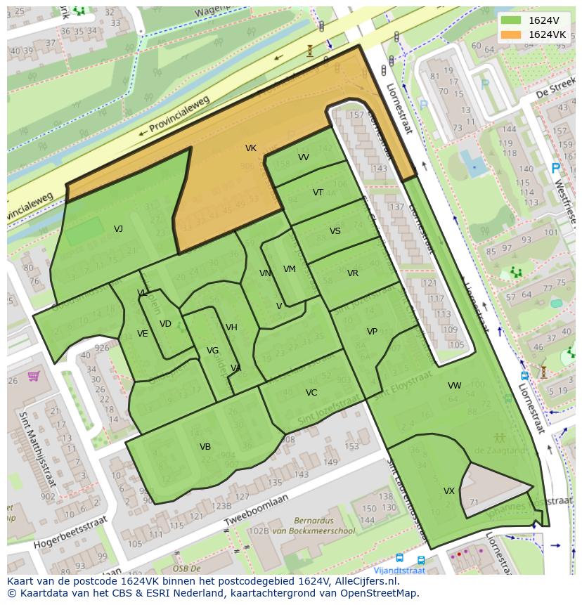 Afbeelding van het postcodegebied 1624 VK op de kaart.