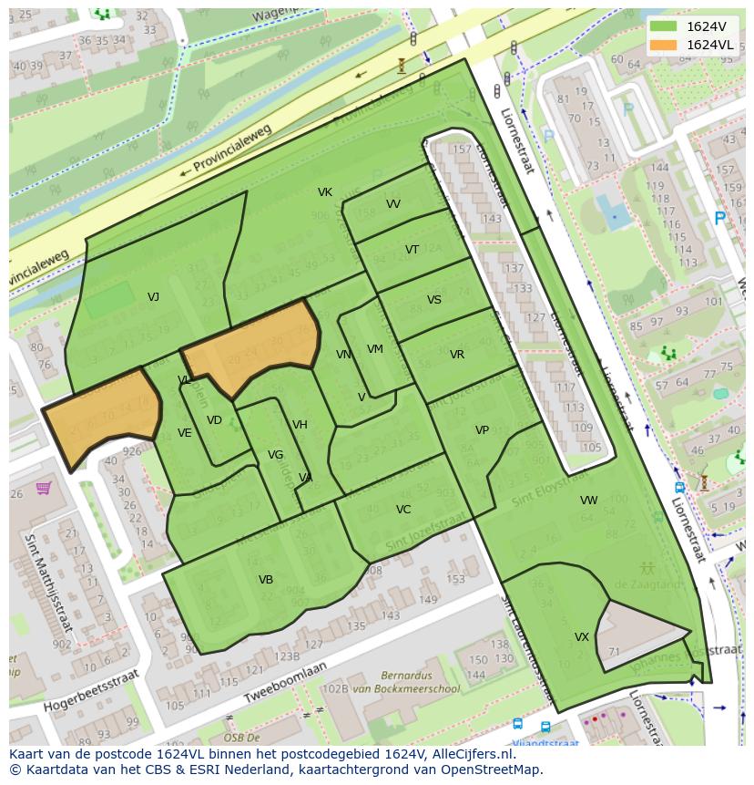 Afbeelding van het postcodegebied 1624 VL op de kaart.