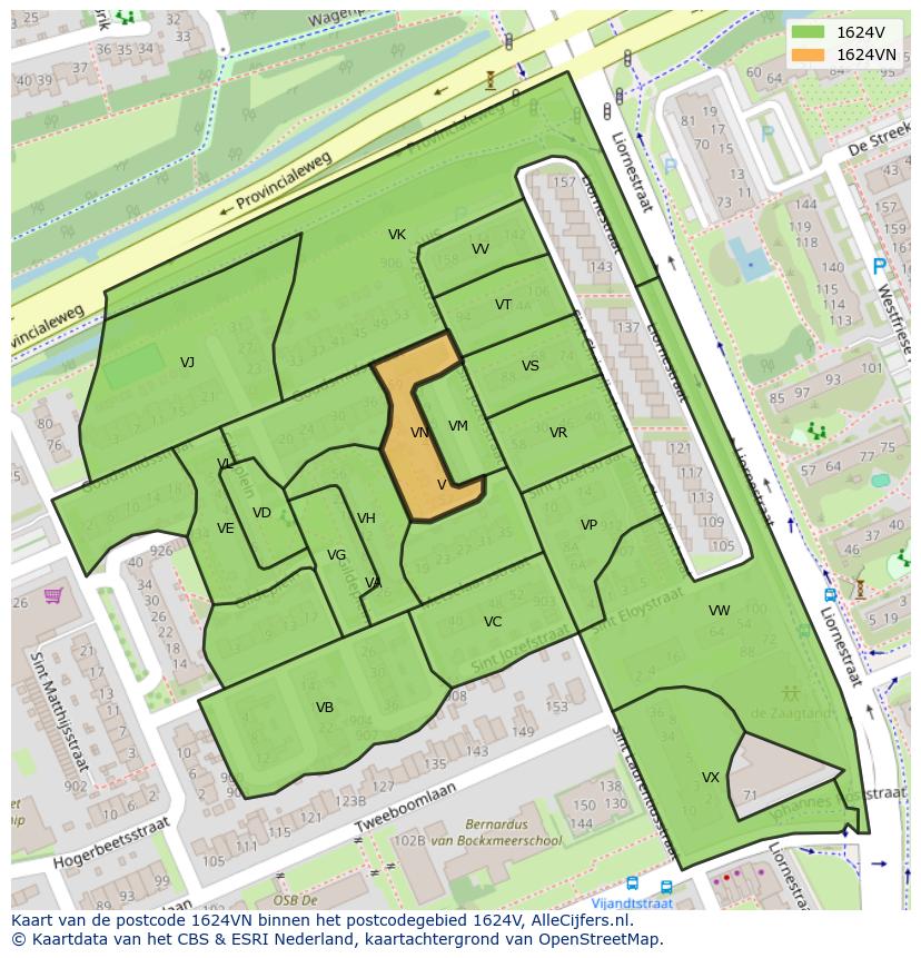 Afbeelding van het postcodegebied 1624 VN op de kaart.