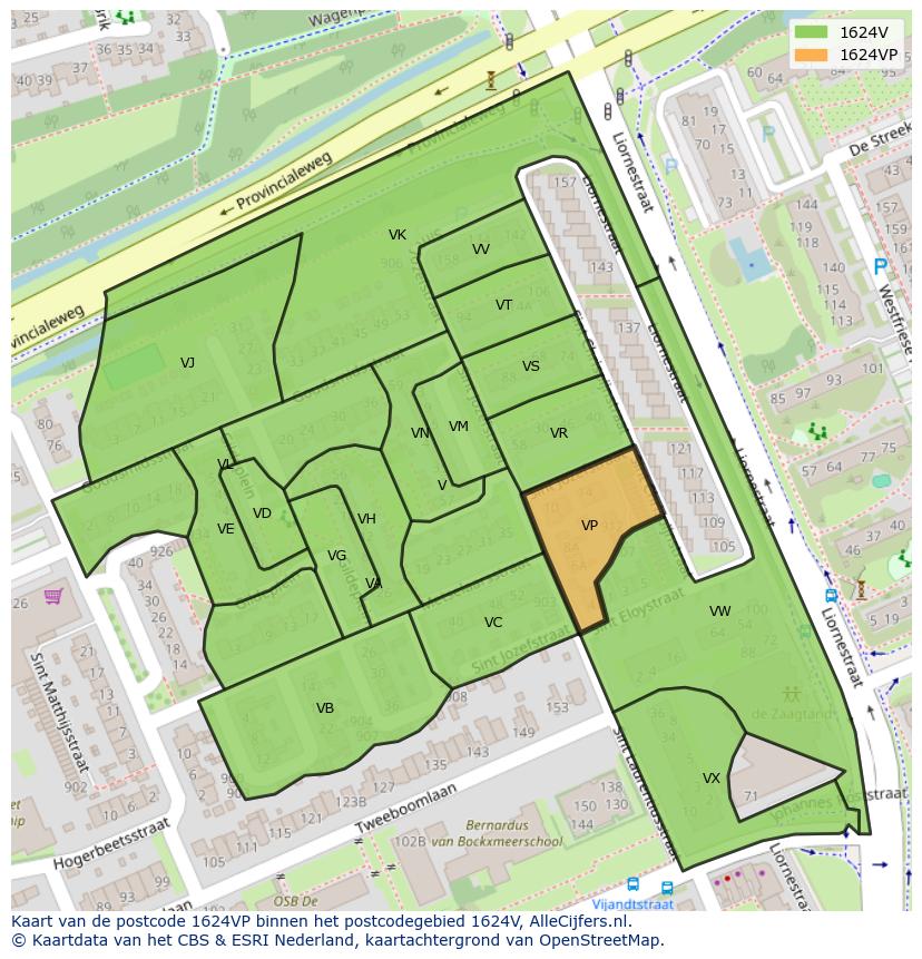 Afbeelding van het postcodegebied 1624 VP op de kaart.