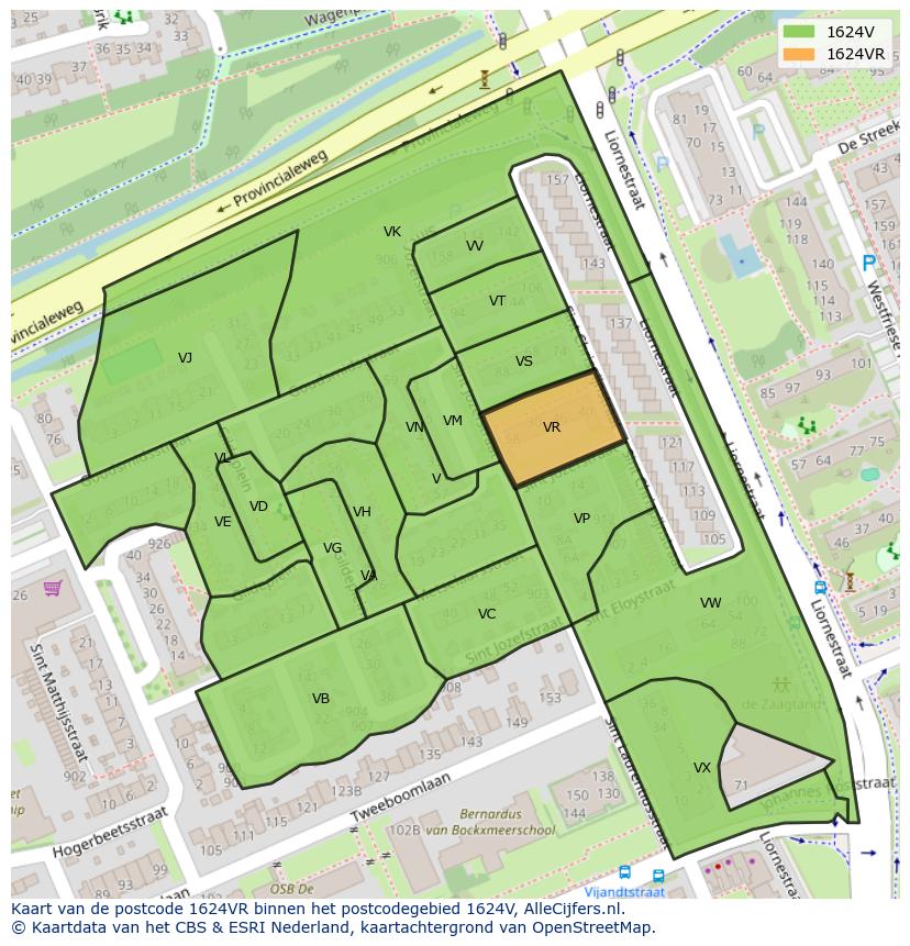 Afbeelding van het postcodegebied 1624 VR op de kaart.