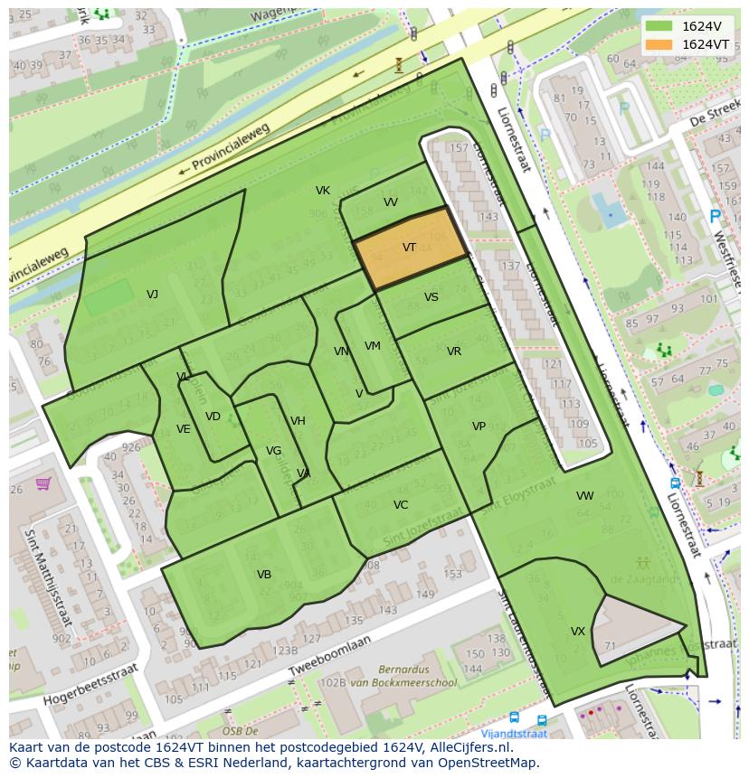 Afbeelding van het postcodegebied 1624 VT op de kaart.
