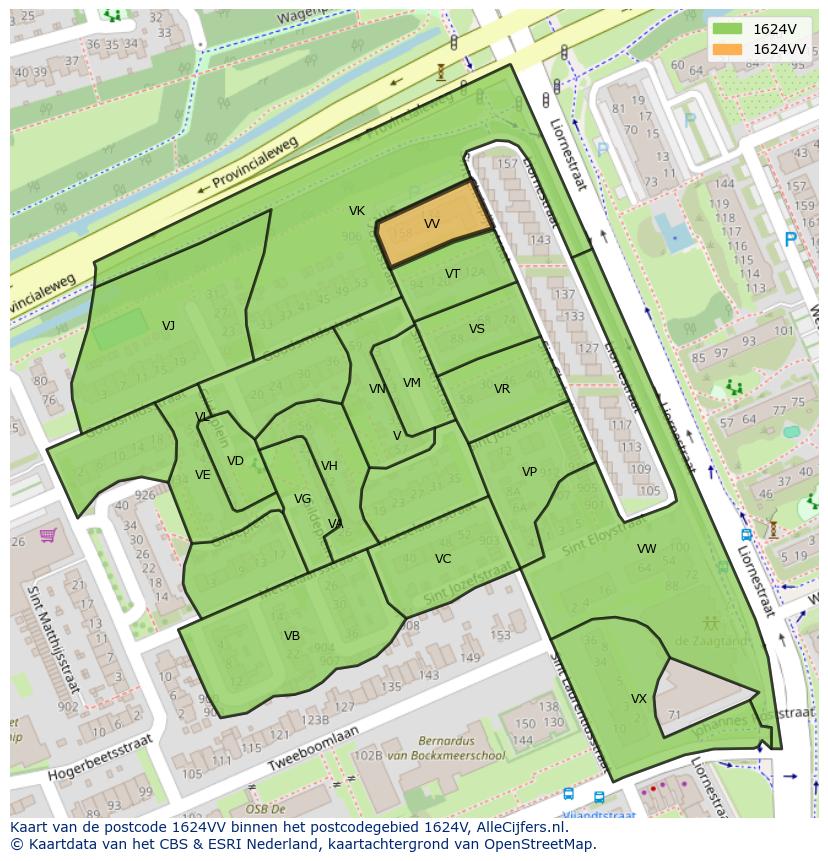 Afbeelding van het postcodegebied 1624 VV op de kaart.
