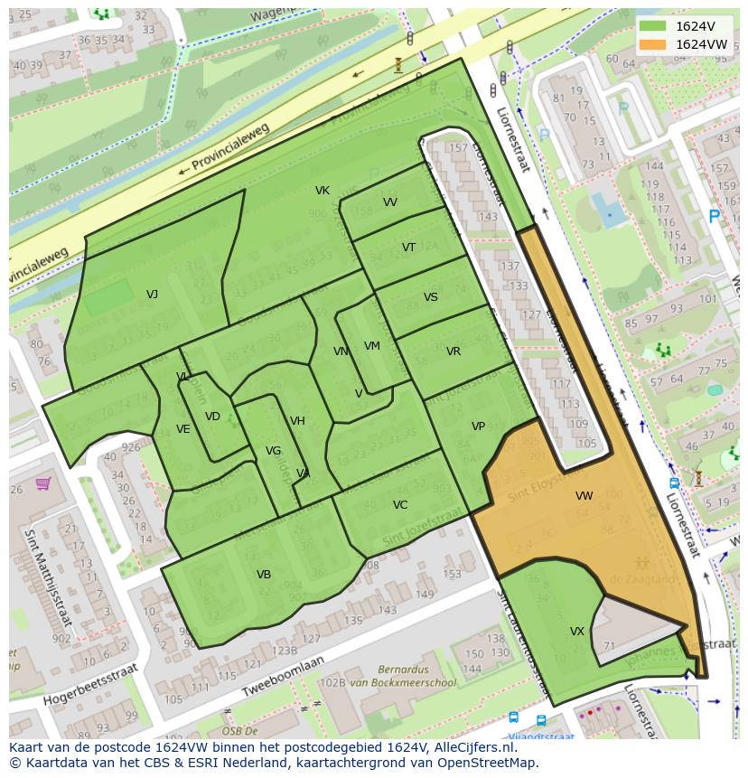 Afbeelding van het postcodegebied 1624 VW op de kaart.
