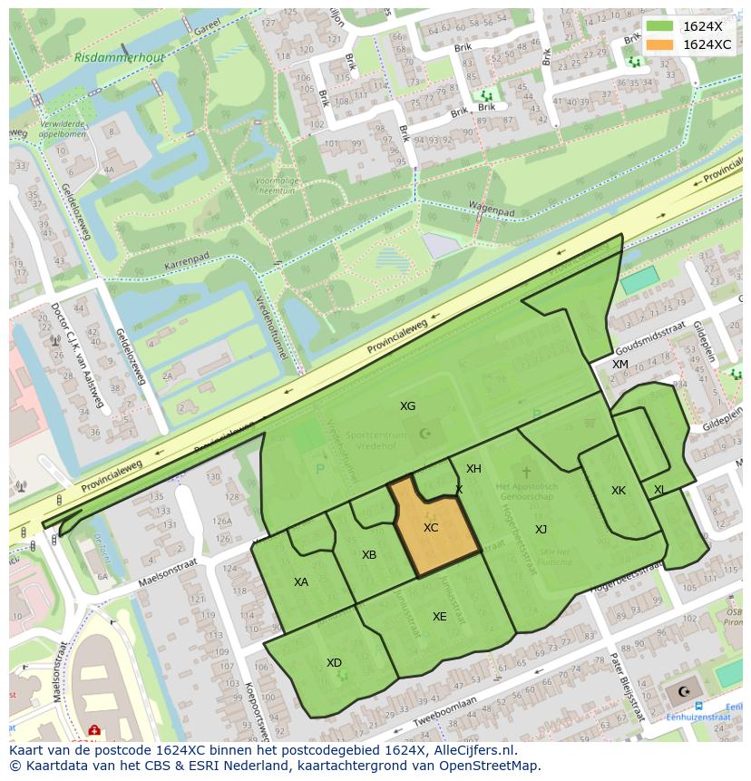 Afbeelding van het postcodegebied 1624 XC op de kaart.
