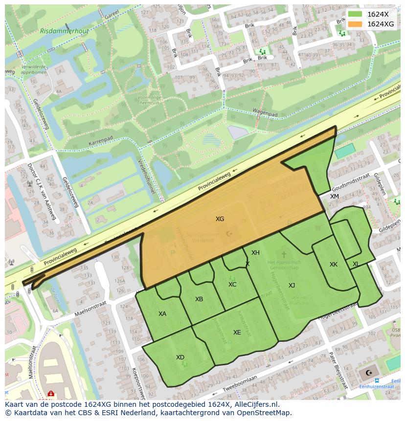 Afbeelding van het postcodegebied 1624 XG op de kaart.