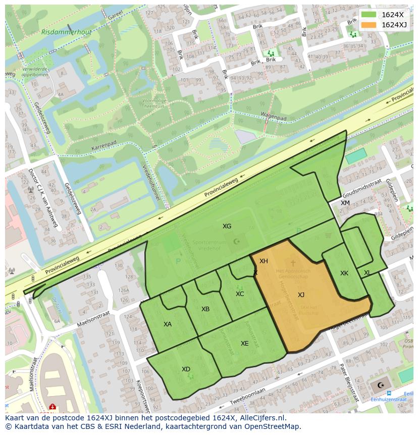 Afbeelding van het postcodegebied 1624 XJ op de kaart.