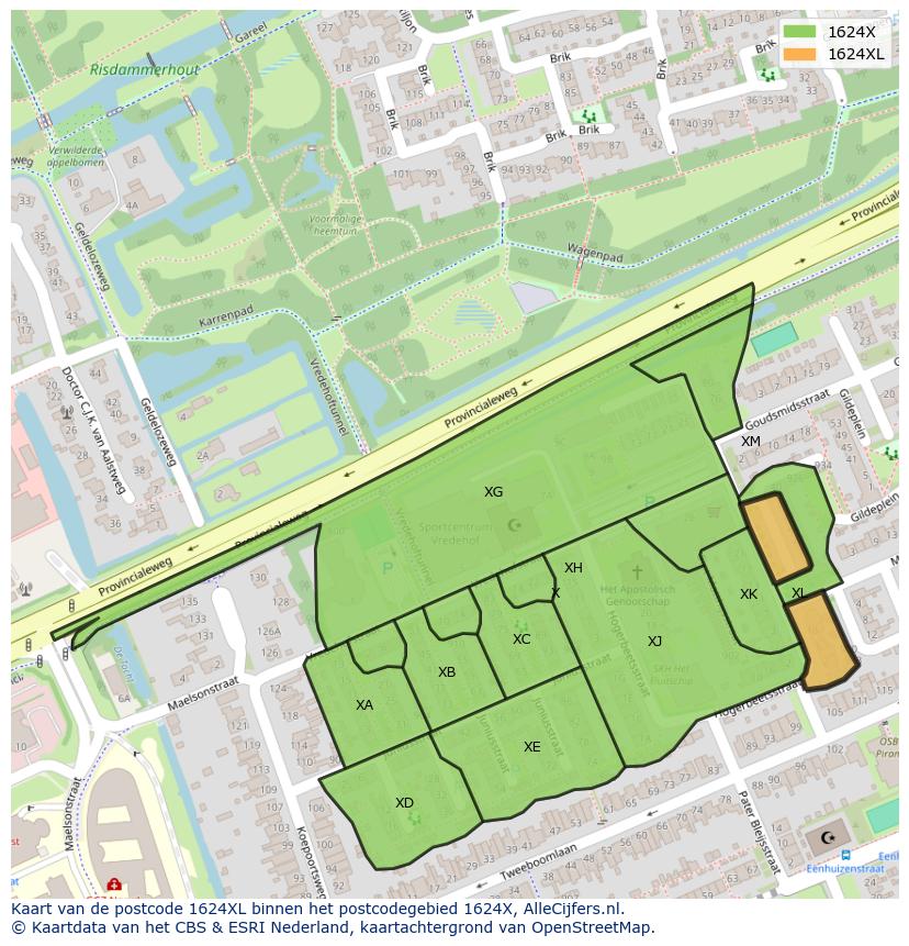 Afbeelding van het postcodegebied 1624 XL op de kaart.