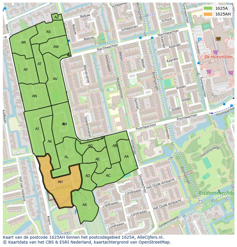 Afbeelding van het postcodegebied 1625 AH op de kaart.