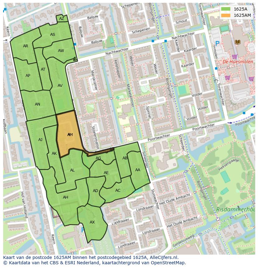 Afbeelding van het postcodegebied 1625 AM op de kaart.