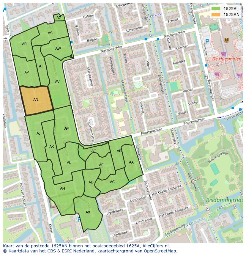 Afbeelding van het postcodegebied 1625 AN op de kaart.