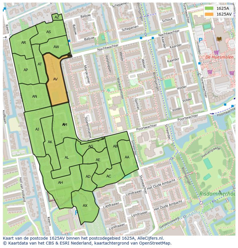 Afbeelding van het postcodegebied 1625 AV op de kaart.