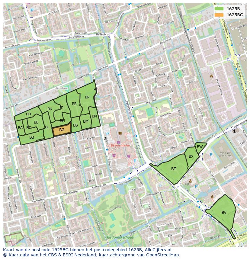 Afbeelding van het postcodegebied 1625 BG op de kaart.