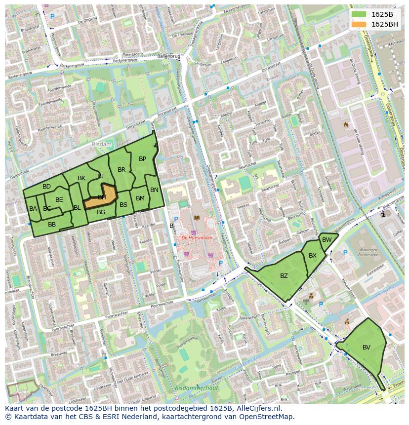 Afbeelding van het postcodegebied 1625 BH op de kaart.