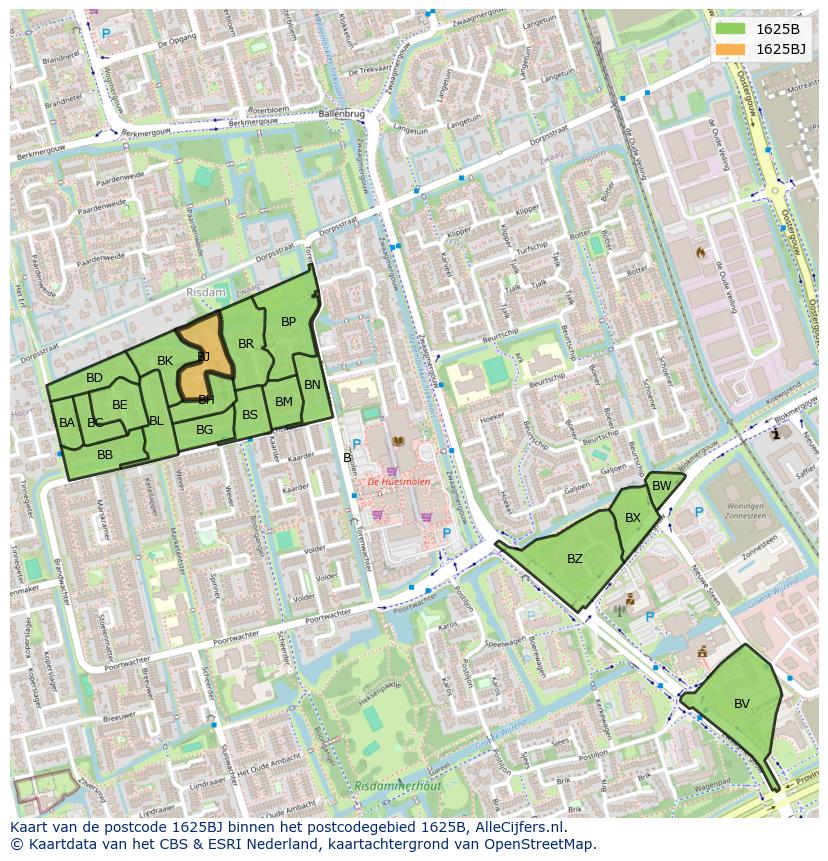 Afbeelding van het postcodegebied 1625 BJ op de kaart.