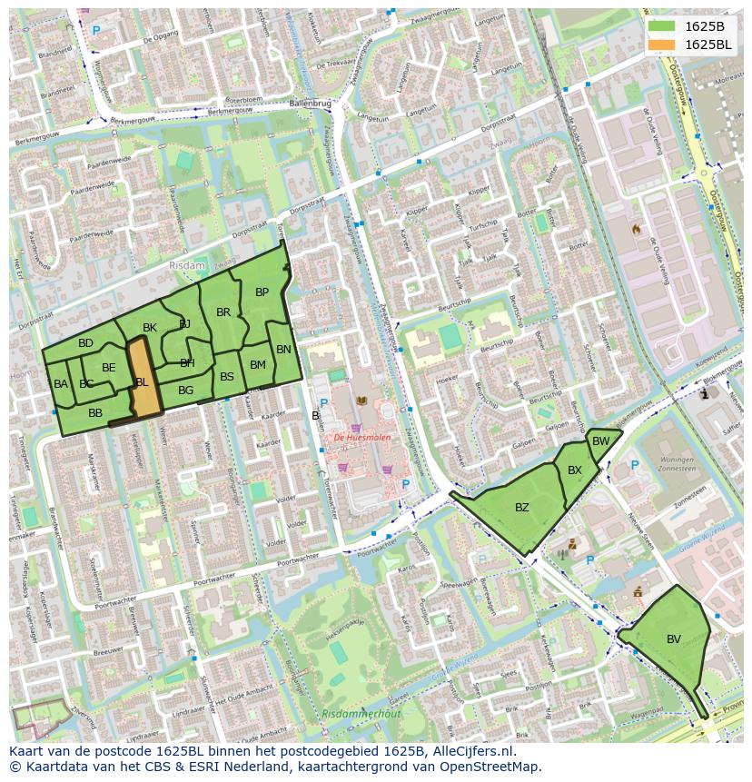 Afbeelding van het postcodegebied 1625 BL op de kaart.
