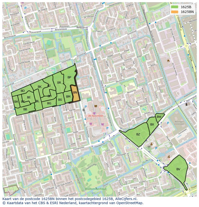 Afbeelding van het postcodegebied 1625 BN op de kaart.
