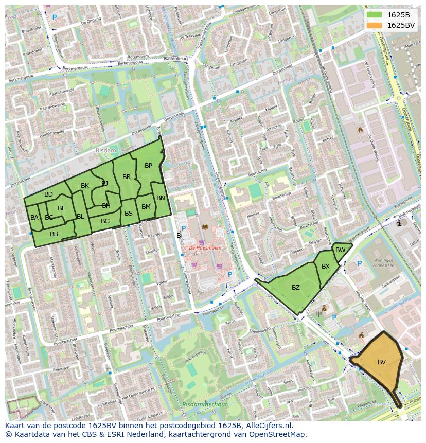 Afbeelding van het postcodegebied 1625 BV op de kaart.