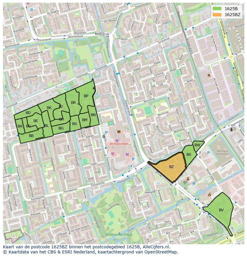 Afbeelding van het postcodegebied 1625 BZ op de kaart.