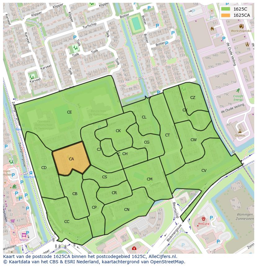 Afbeelding van het postcodegebied 1625 CA op de kaart.