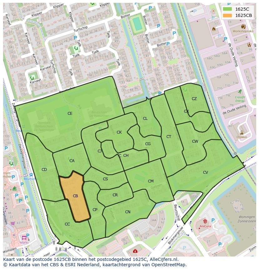 Afbeelding van het postcodegebied 1625 CB op de kaart.