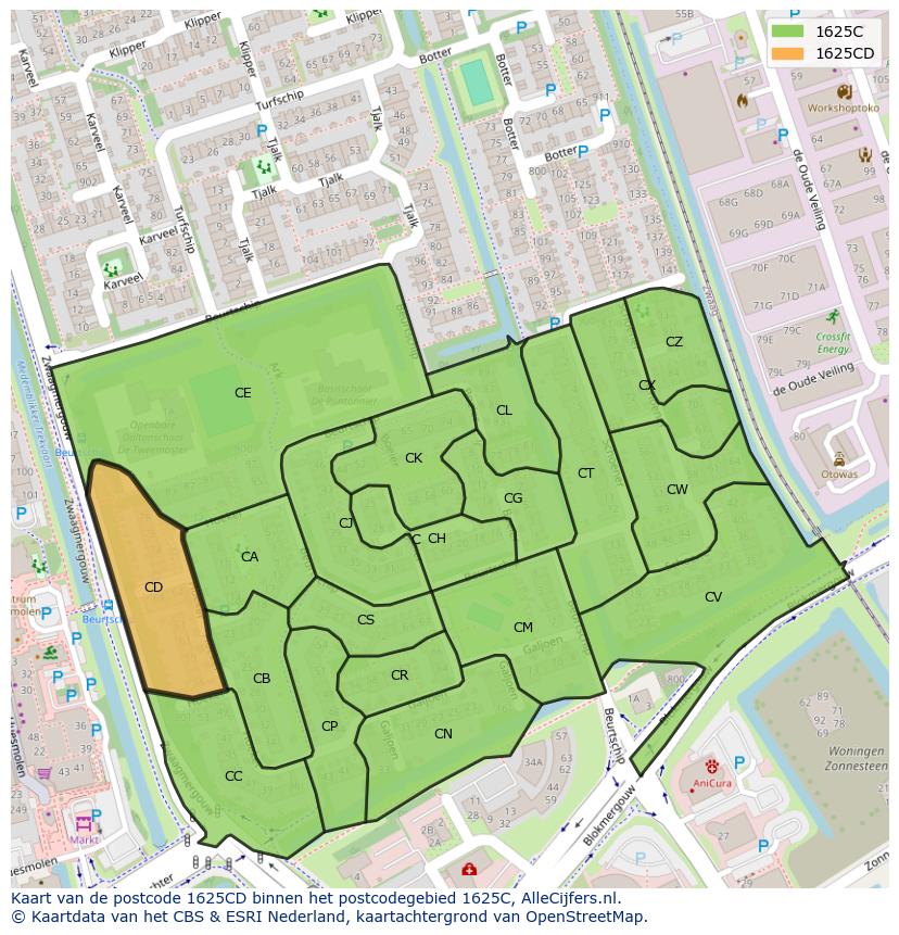 Afbeelding van het postcodegebied 1625 CD op de kaart.