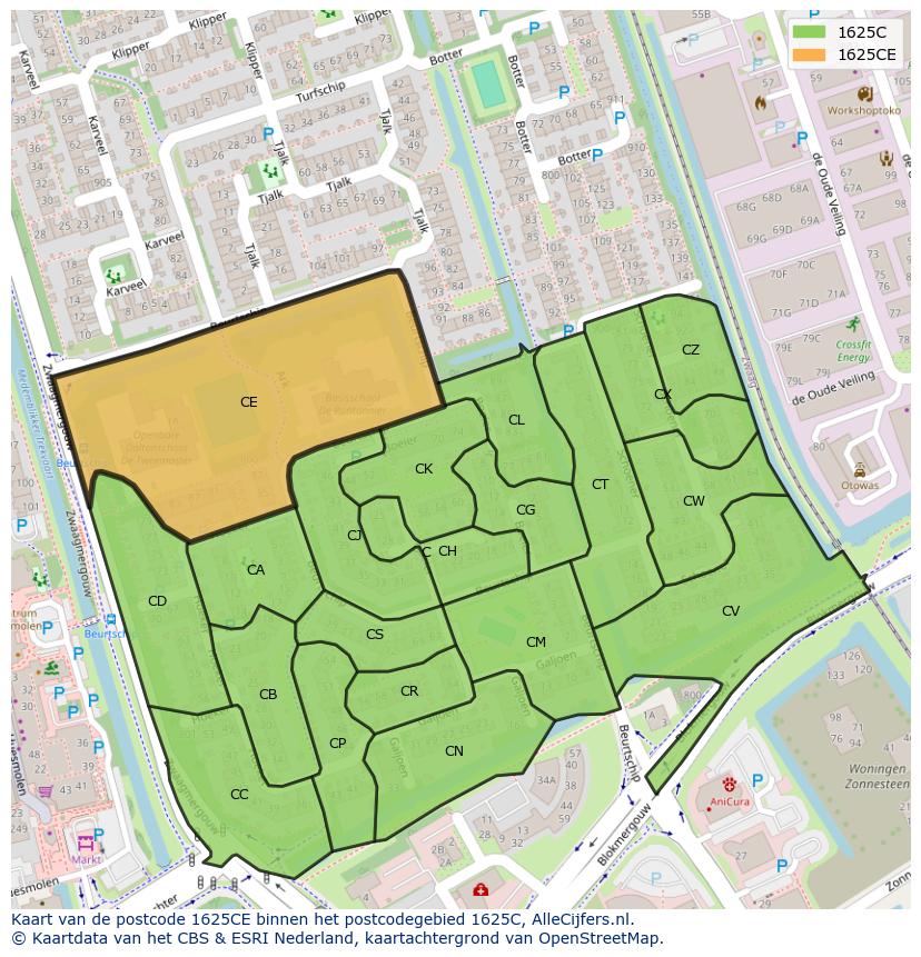 Afbeelding van het postcodegebied 1625 CE op de kaart.