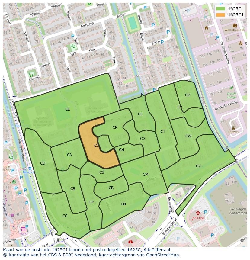 Afbeelding van het postcodegebied 1625 CJ op de kaart.