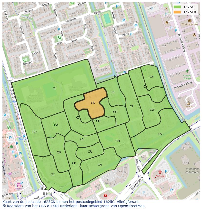 Afbeelding van het postcodegebied 1625 CK op de kaart.