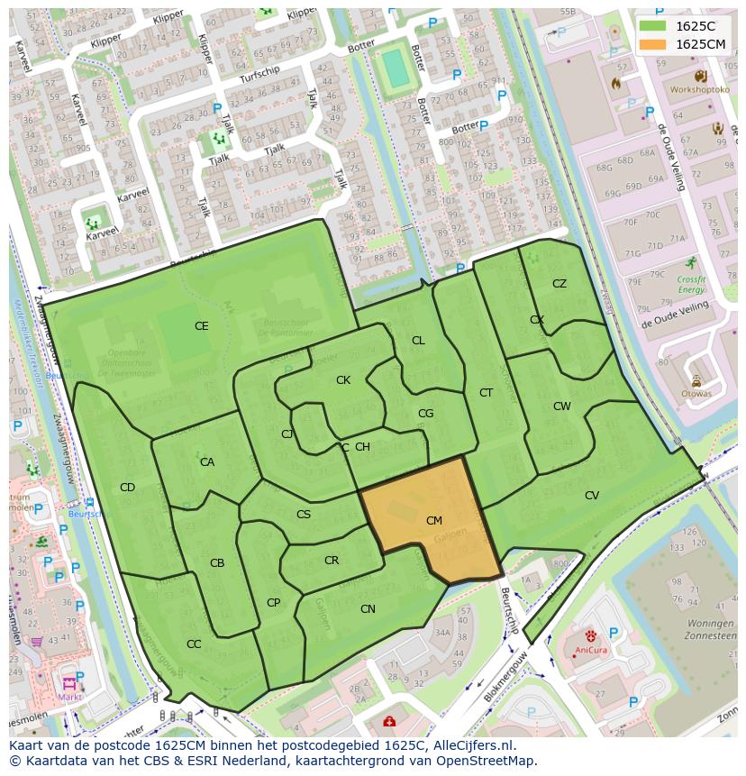 Afbeelding van het postcodegebied 1625 CM op de kaart.
