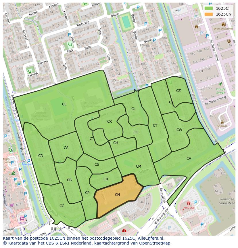 Afbeelding van het postcodegebied 1625 CN op de kaart.