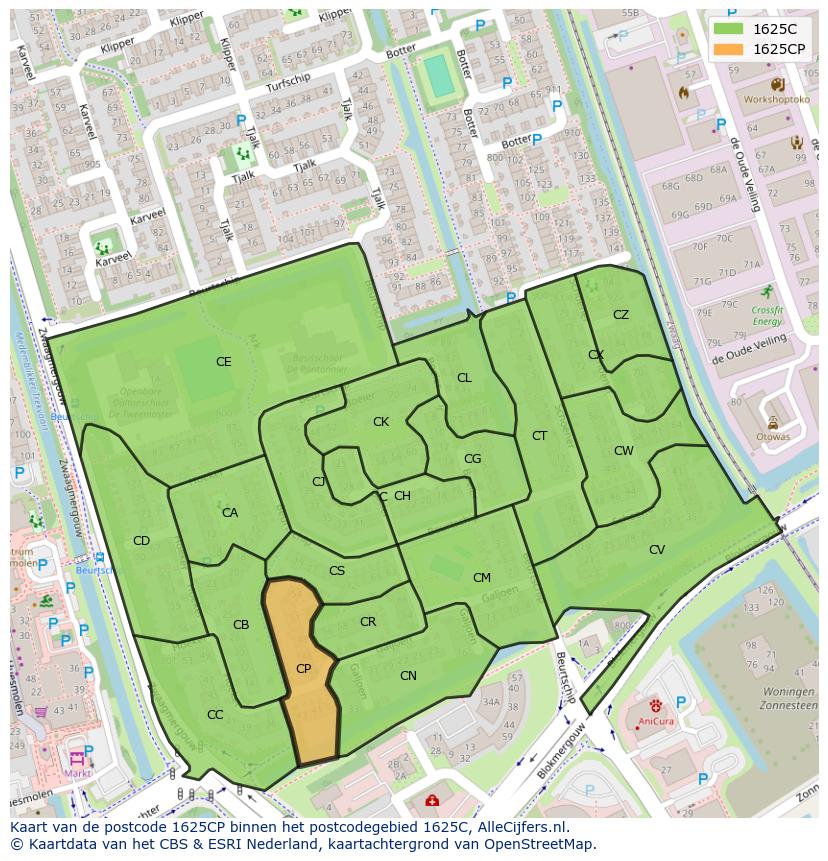 Afbeelding van het postcodegebied 1625 CP op de kaart.