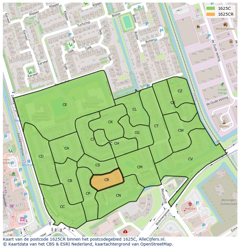 Afbeelding van het postcodegebied 1625 CR op de kaart.
