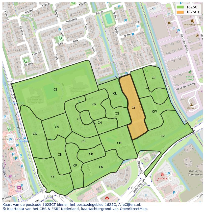 Afbeelding van het postcodegebied 1625 CT op de kaart.